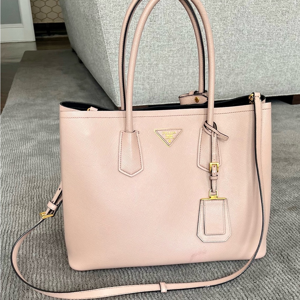 Authentic PRADA Saffiano Cuir Medium Double Bag in Cammeo.